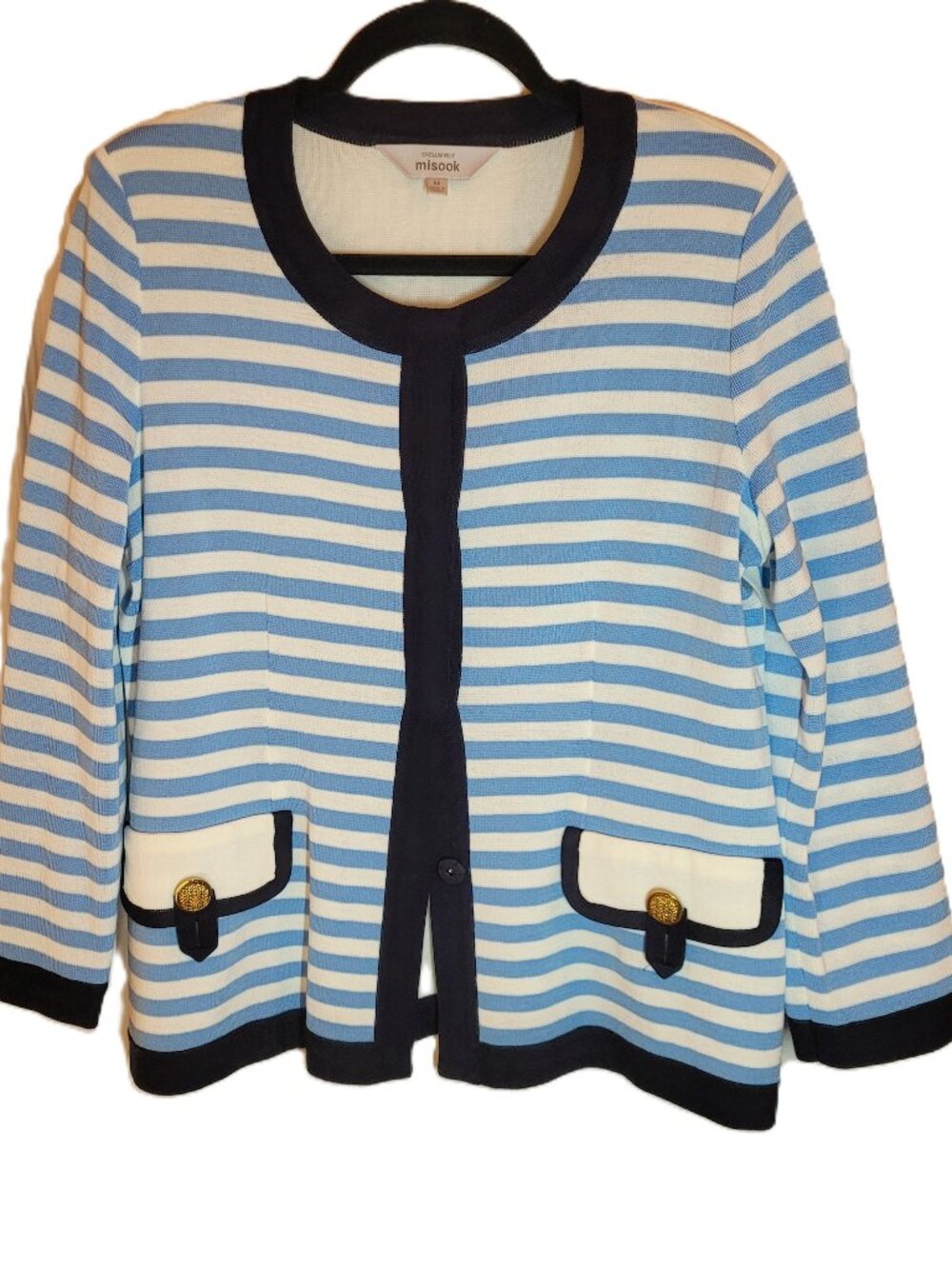 Misook Exclusively Women's Blue and White Stripe Navy Trim Cardigan Medium